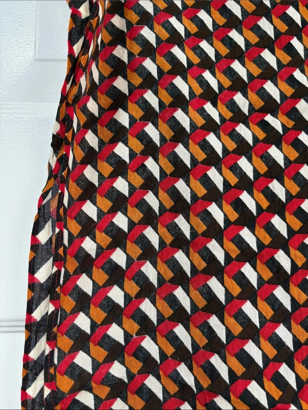 Geometric Print Scarf with Red Fringe